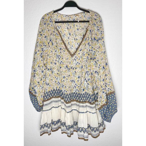Free People Women's Gardenia Tunic Cream Blue Yellow Embellished Large - Picture 6 of 16